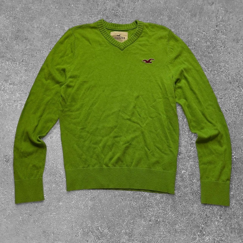 Hollister Co Mens Green V-Neck Sweater Y2K Preppy Logo Cotton Wool Blend Large